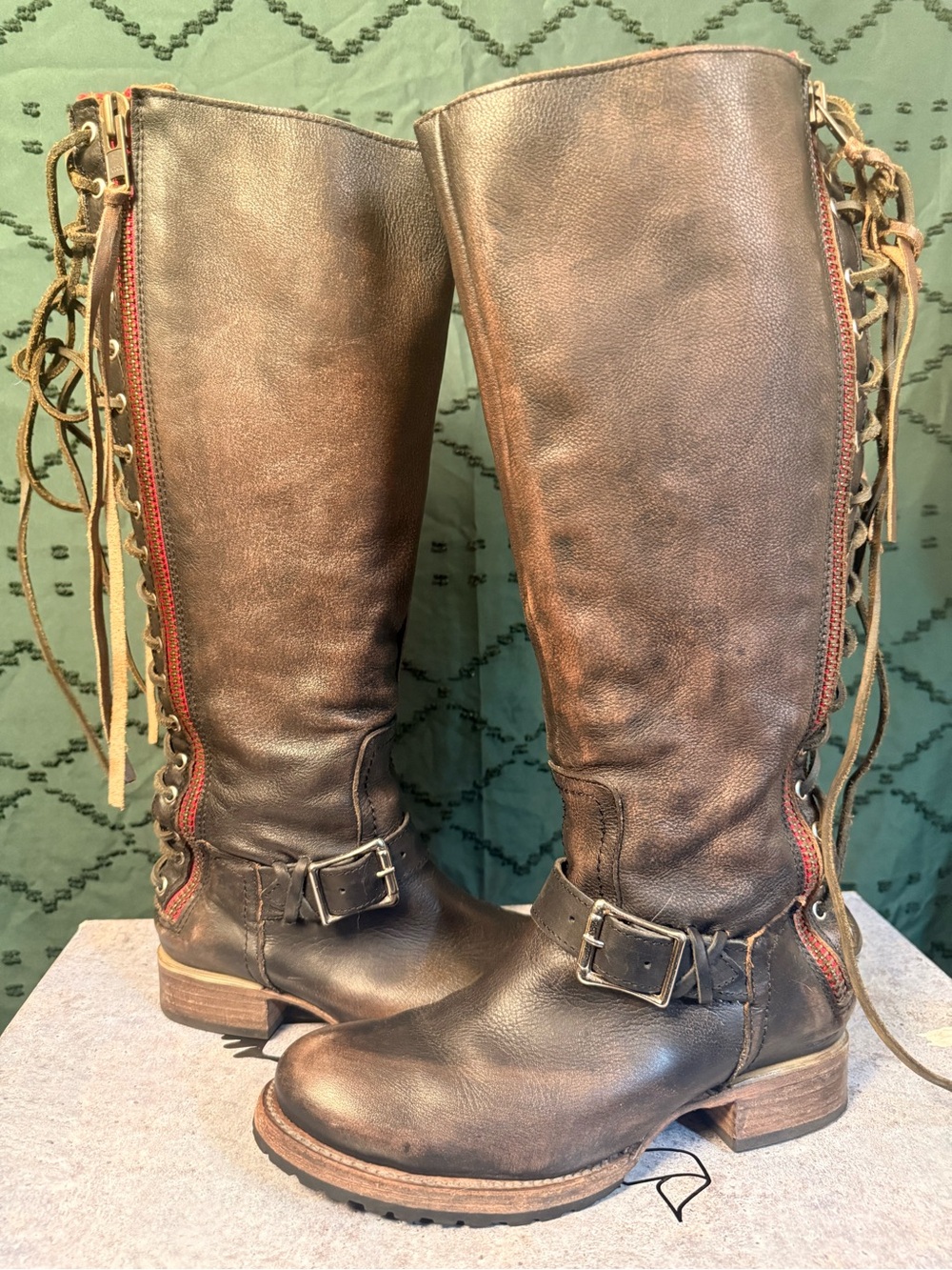 Freebird by Steven Lancaster Brown Leather Knee-High Lace-Up Boots with Red Trim